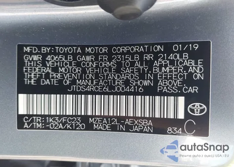 2020 Toyota Corolla Se from USA, damaged, VIN JTDS4RCE6LJ004416